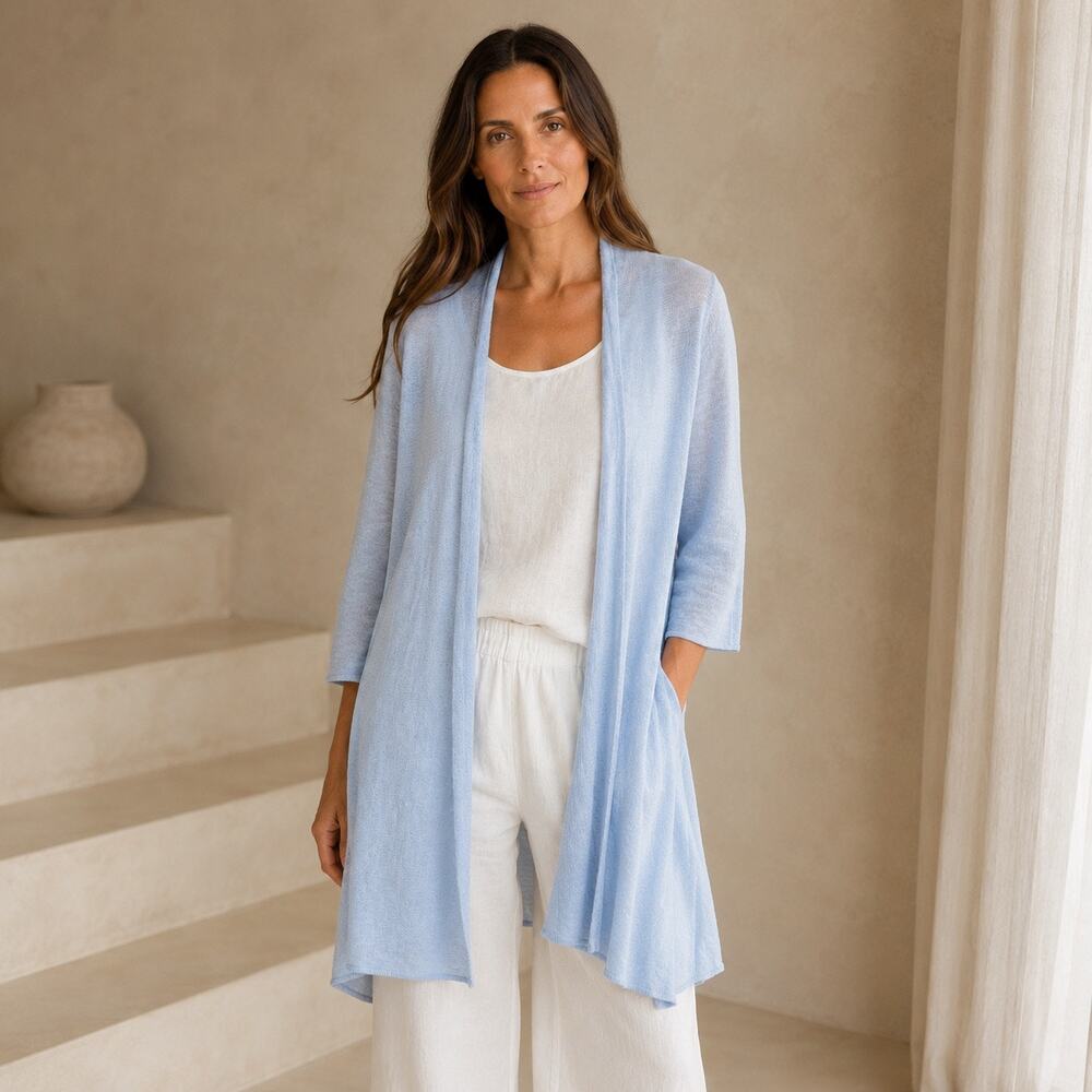 Eileen Fisher‎ Blue Linen Cotton Open Cardigan Size M Duster Minimalist Layering